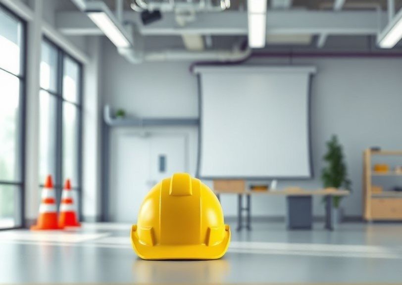 Capacete de segurança e cones em sala de treinamento